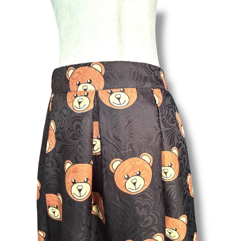 Teddy Bear Print Black Jacquard Pleated FloMidi Skirt Kawaii Harajuku Retro - Picture 4 of 11